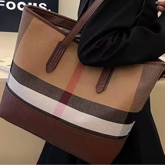 Elegant Brown and Tan Striped Tote - Picture 1 of 4